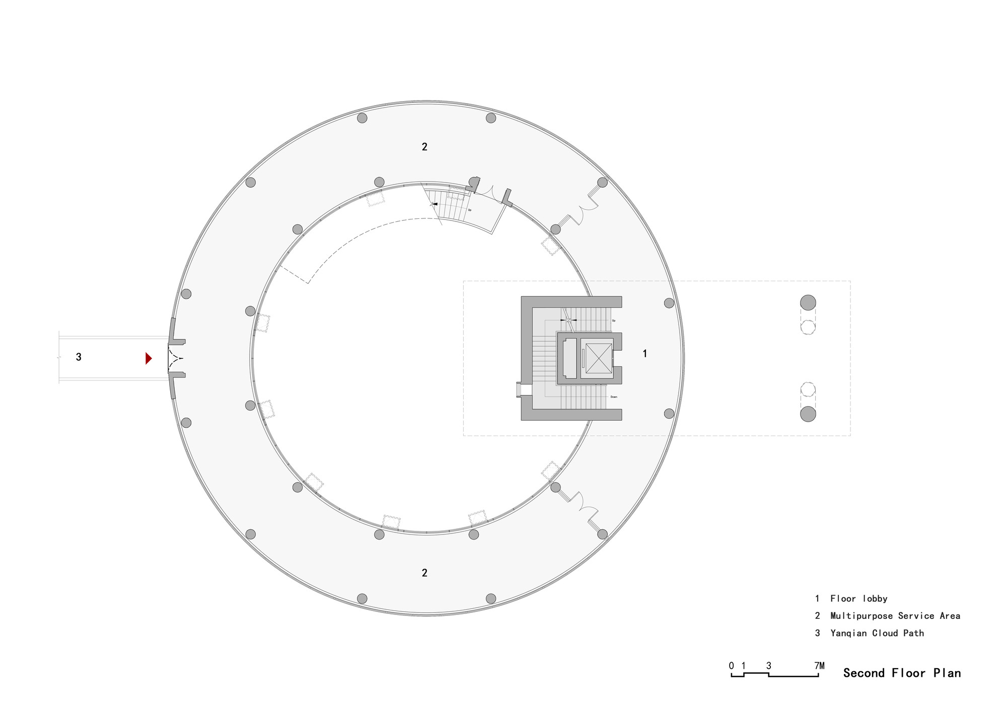 Second floor plan drawing depicting double-ring circulation around a central stair and lobby core