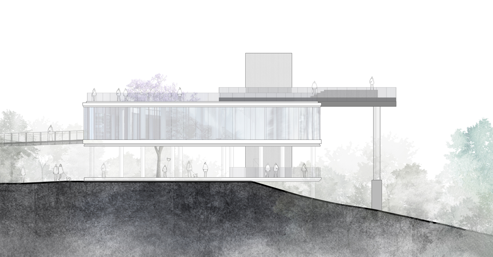 Section drawing showing glazed facades with rooftop figures and sloping terrain rendered in watercolor