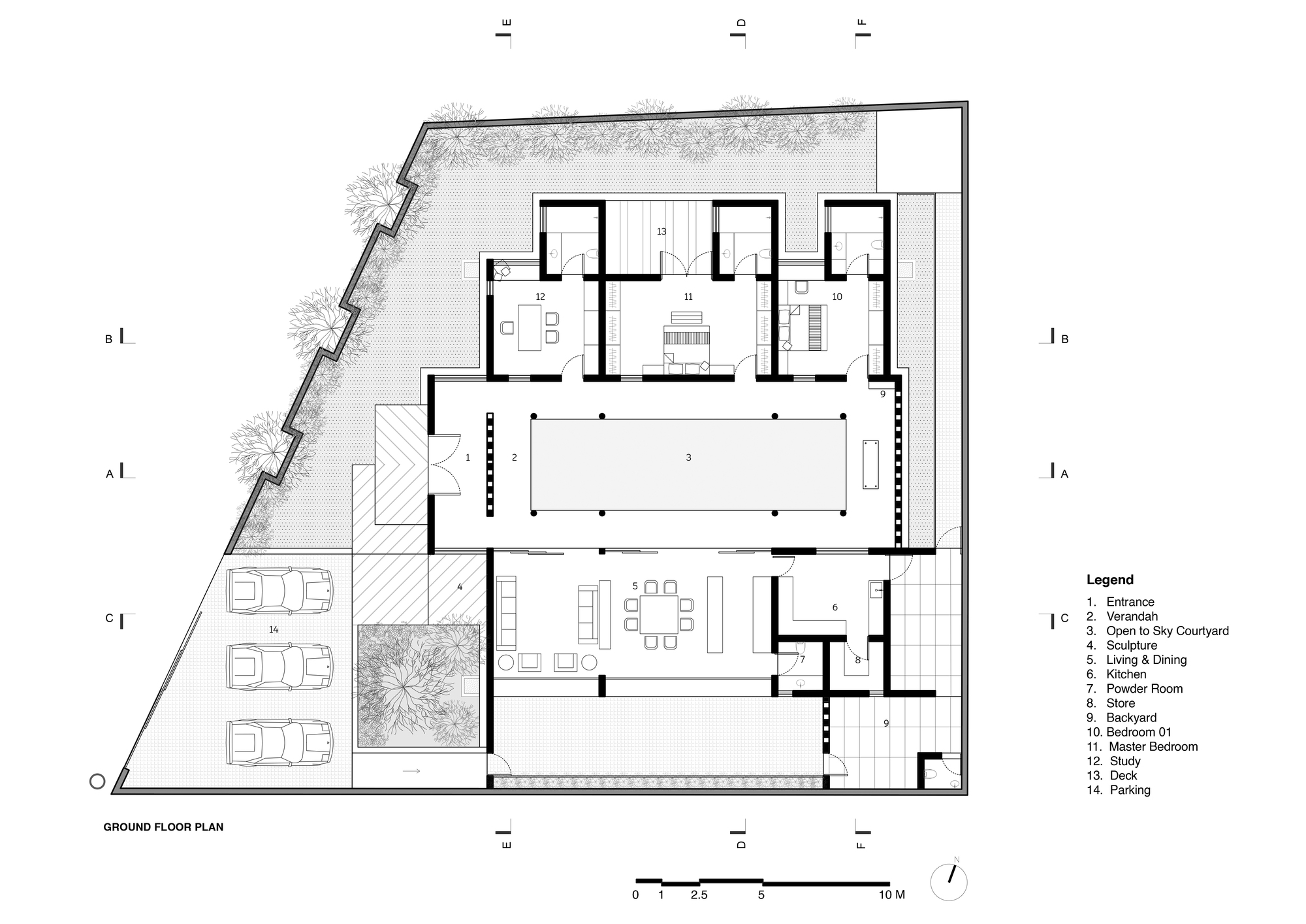 Ground floor plan drawing showing an L-shaped layout with central courtyard and parking wing