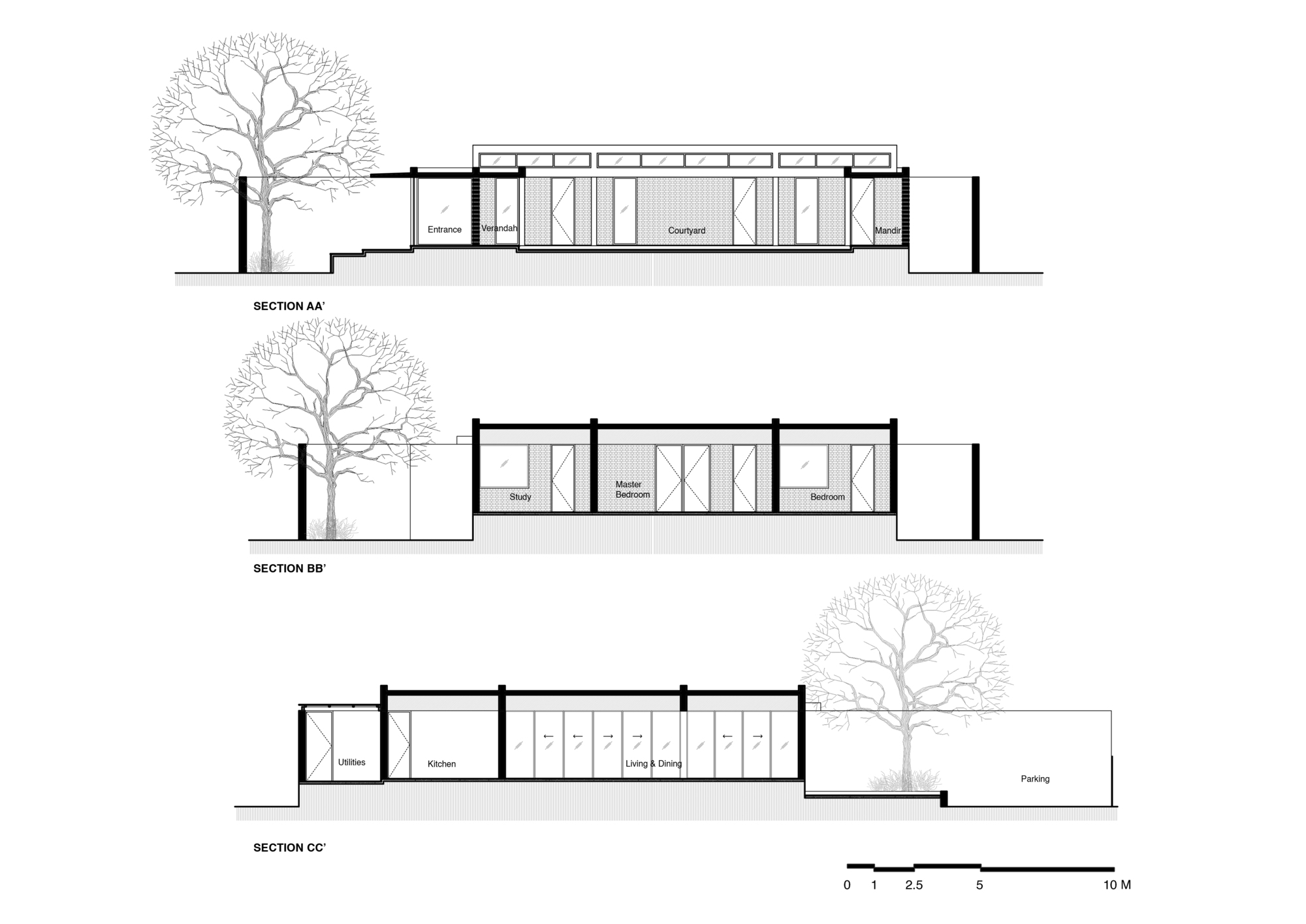 Section drawings showing three elevations with clerestory windows, courtyard, and adjacent trees