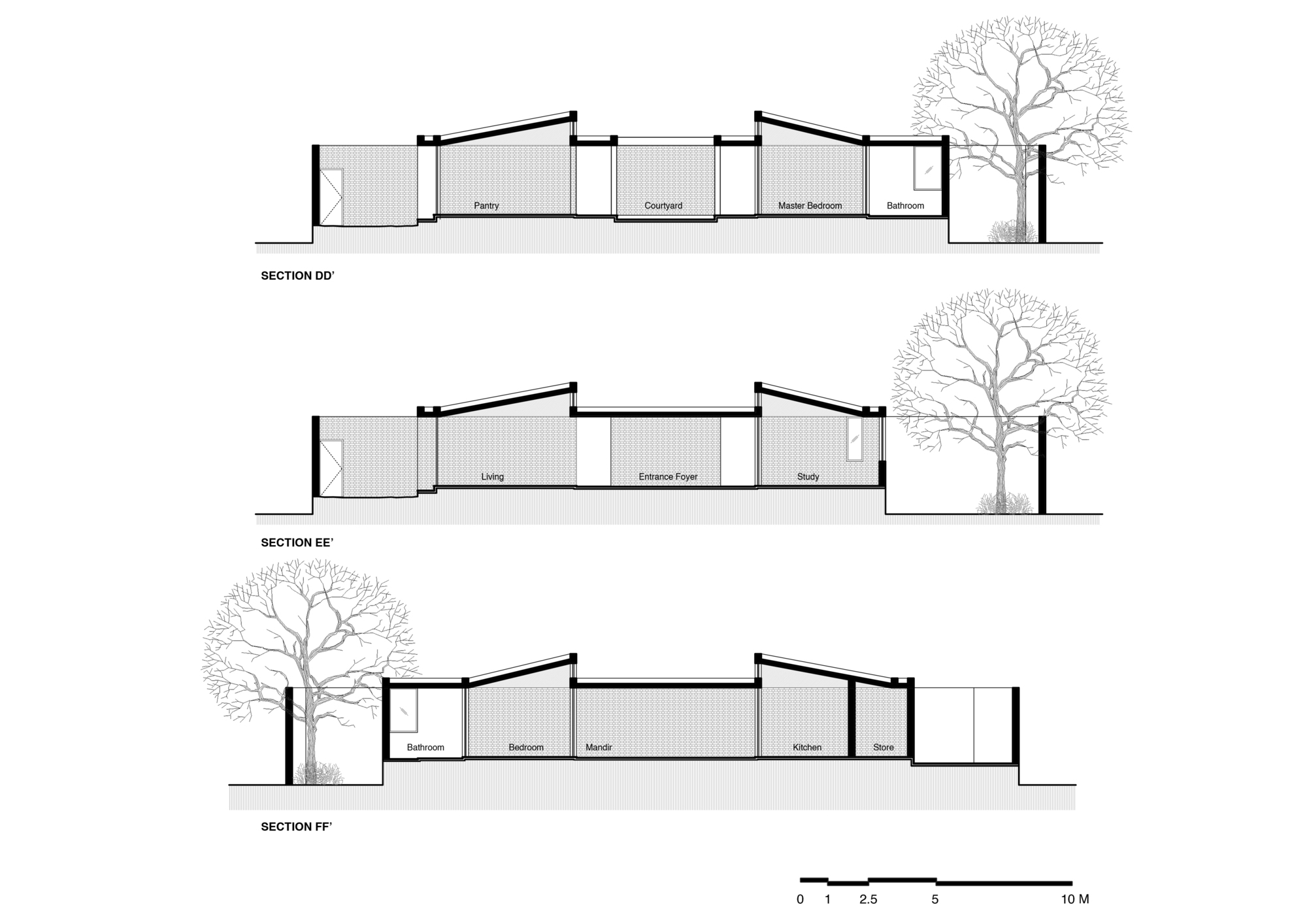 Section drawings showing three cuts through the sloped roof volumes with adjacent trees and room labels