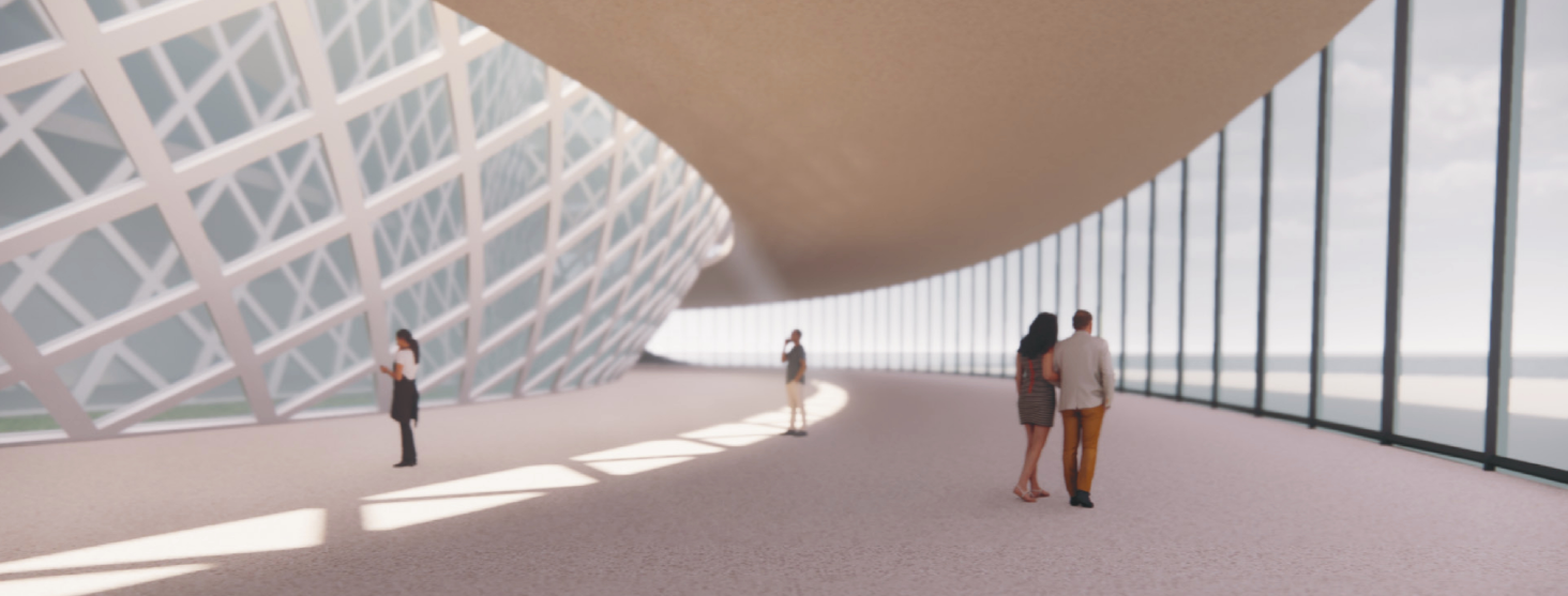 Interior corridor with diamond-patterned lattice wall and vertical glazing with visitors in afternoon light