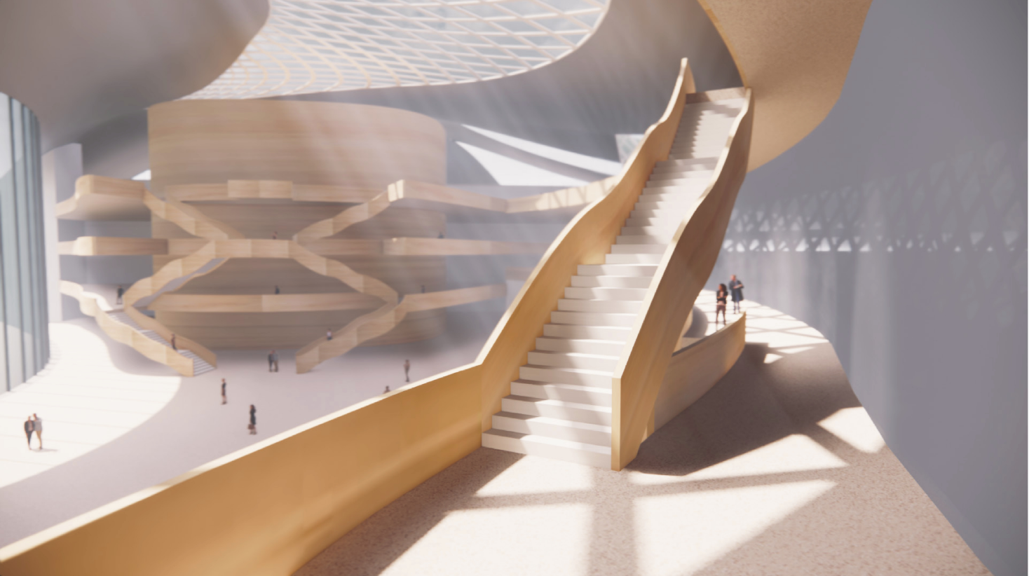 Cascading timber staircase beneath sculptural ceiling voids and layered balconies with scattered figures below