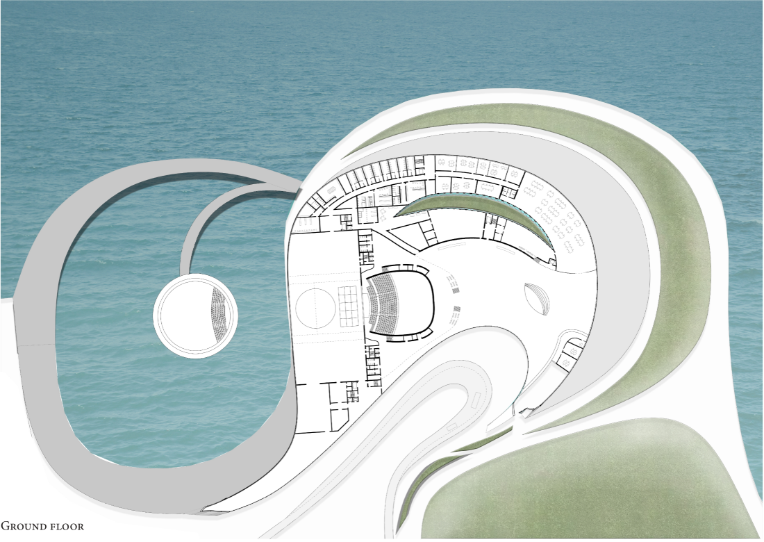 Ground floor plan drawing showing curving lobed forms with central circulation and waterfront edge