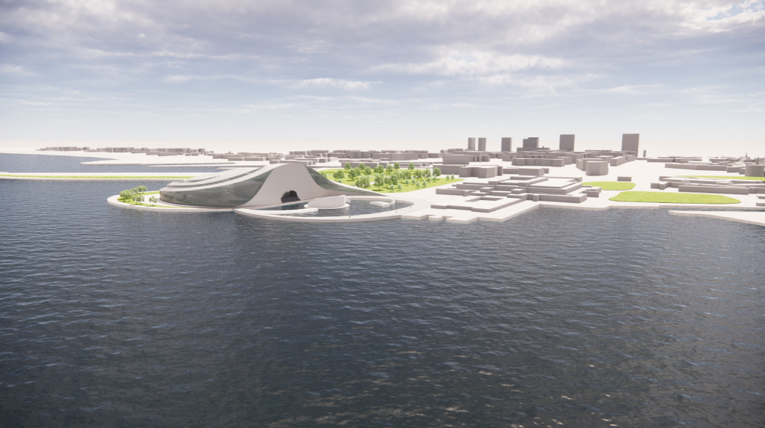 Aerial view of the looping roof form on a waterfront peninsula under cloudy skies