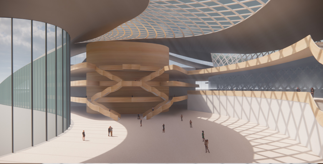 Interior atrium with spiraling timber balconies under a patterned lattice ceiling and scattered visitors