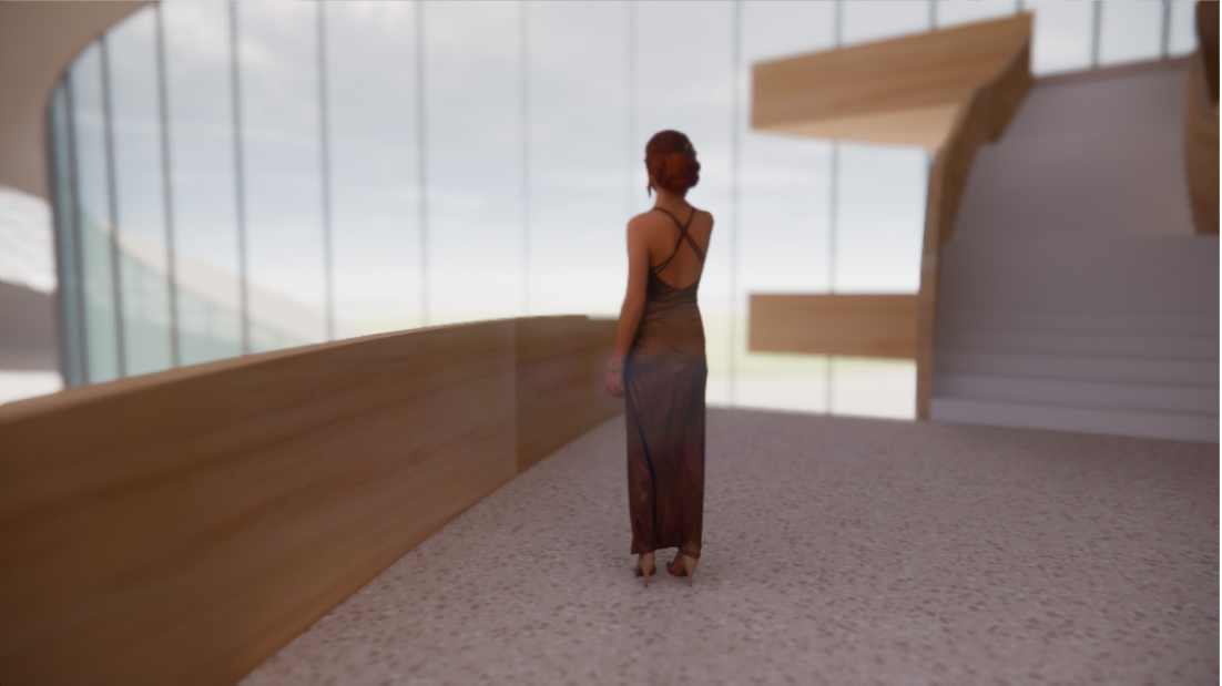 Single visitor standing before curved timber wall with backlit glazing and cantilevered timber shelves