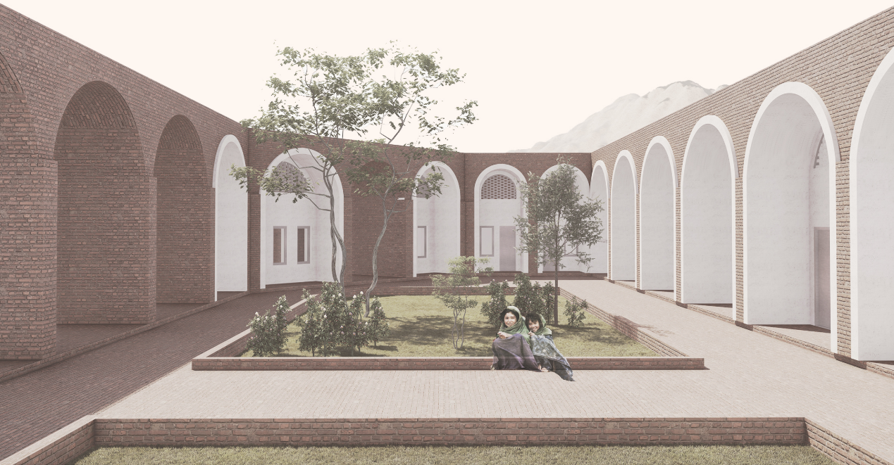 Landscaped courtyard framed by rhythmic arches and shaded walkways.