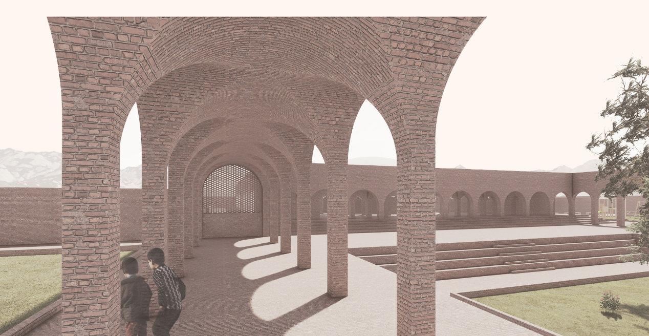 Brick colonnades create shaded circulation around the main public square.