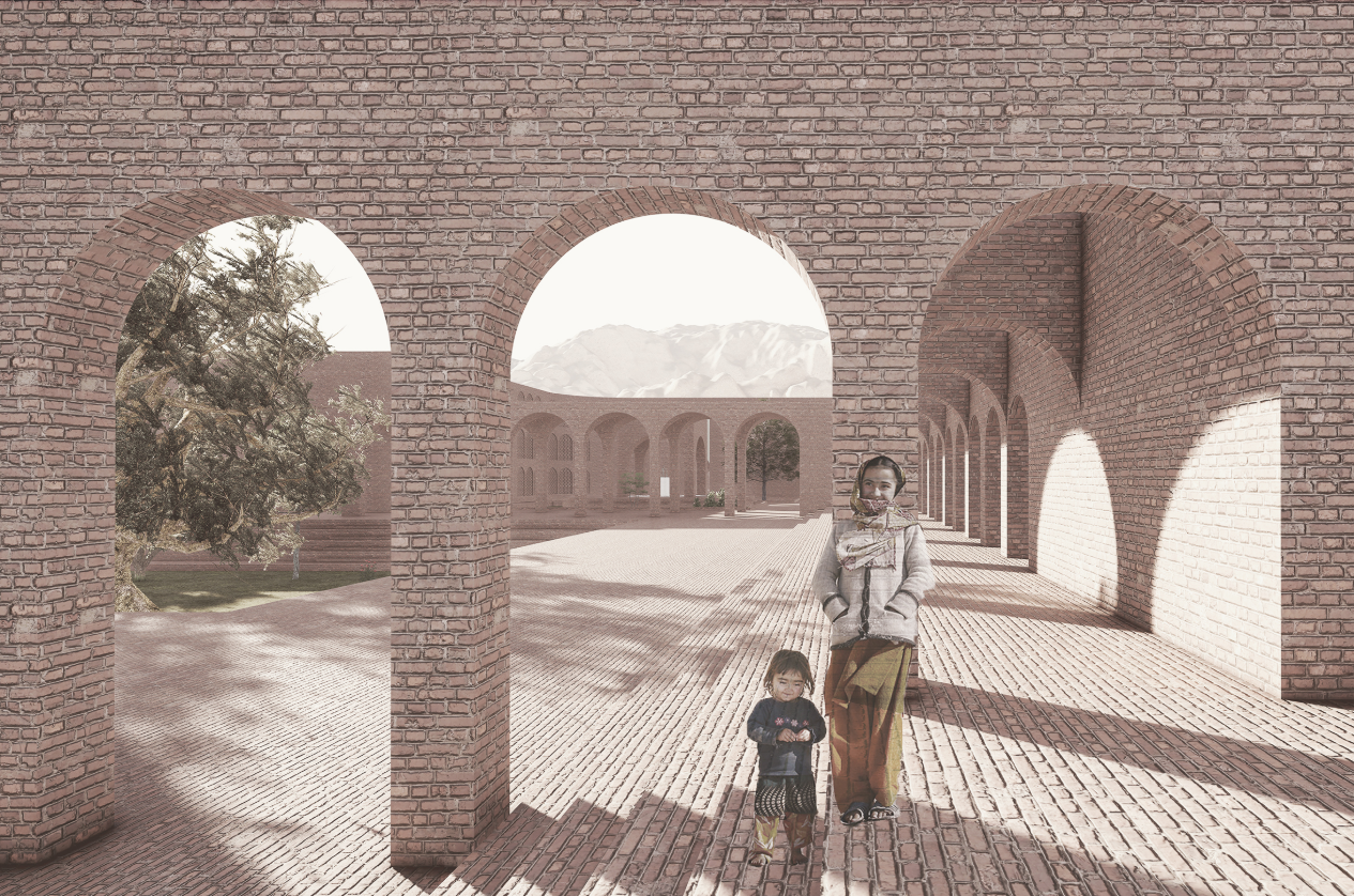 Arched walkways connect courtyards and communal spaces across the center.