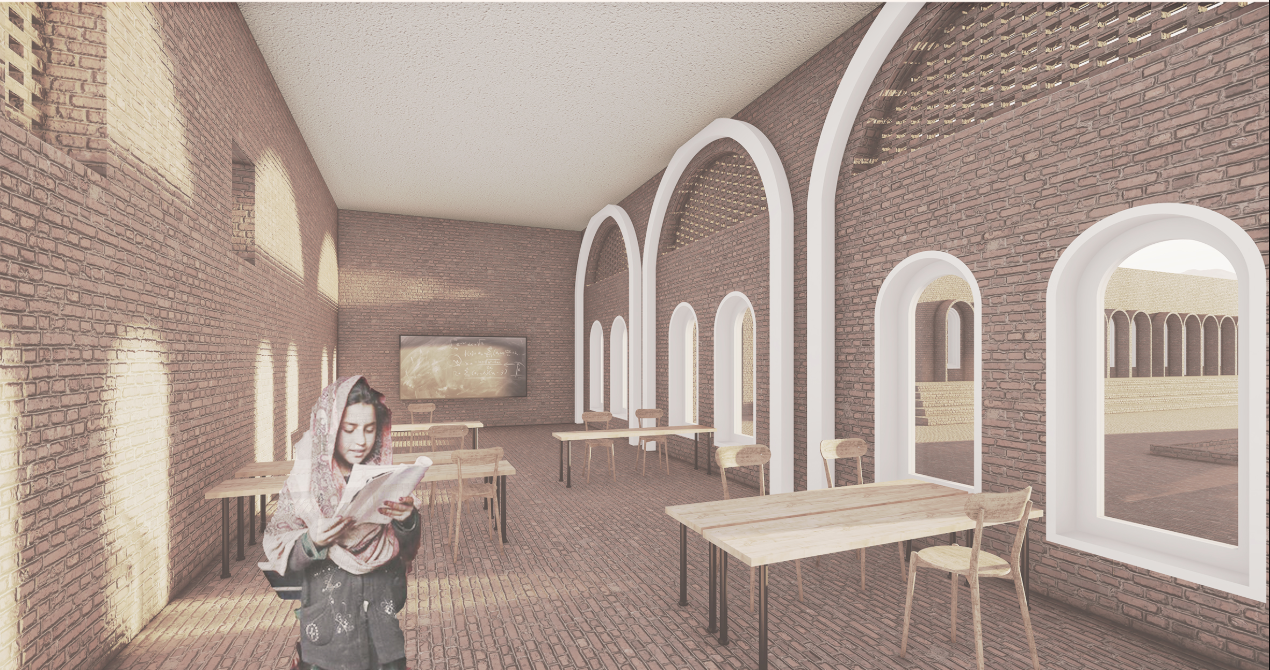 Naturally lit classroom with arched windows and traditional brick construction.