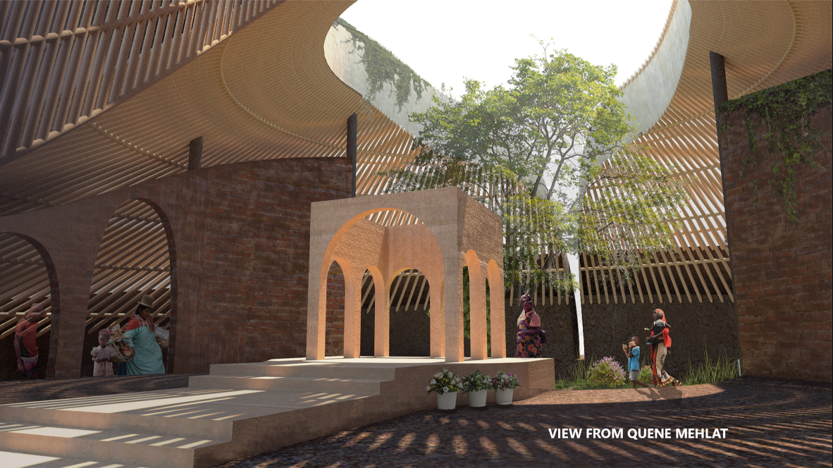 A forest-centered chapel space shaped by bamboo, brick arches, and filtered daylight.