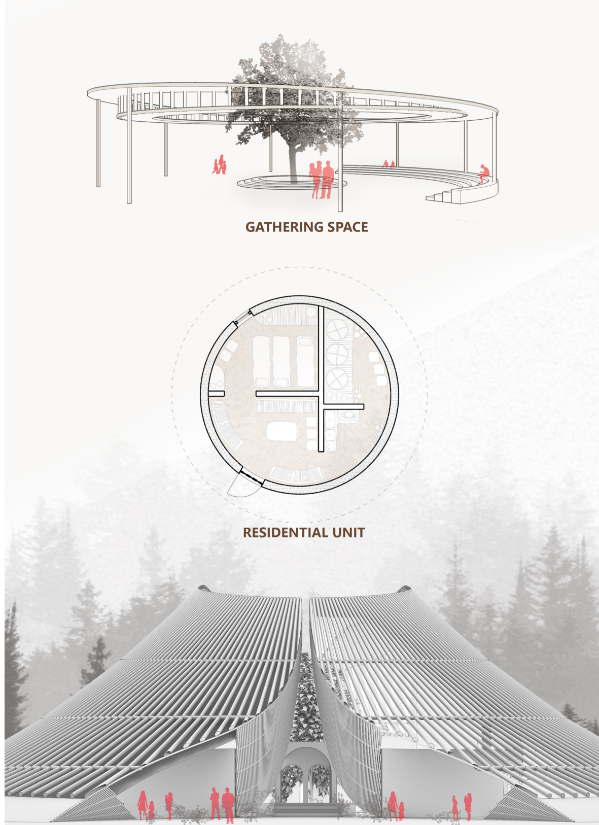 Gathering, residence, and chapel forms extend faith into forest restoration.