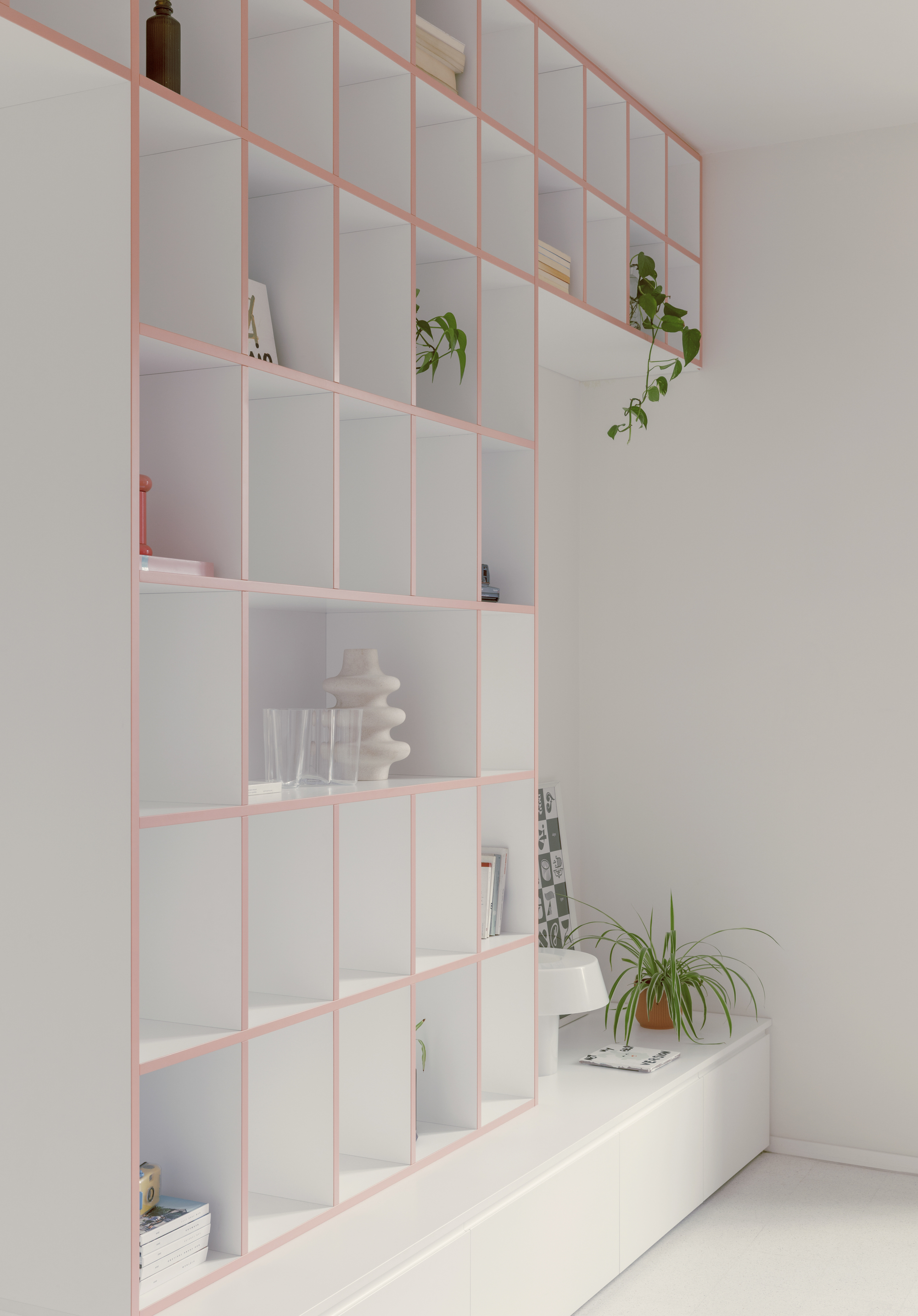 Pink steel grid shelving unit with potted plants and white storage compartments below