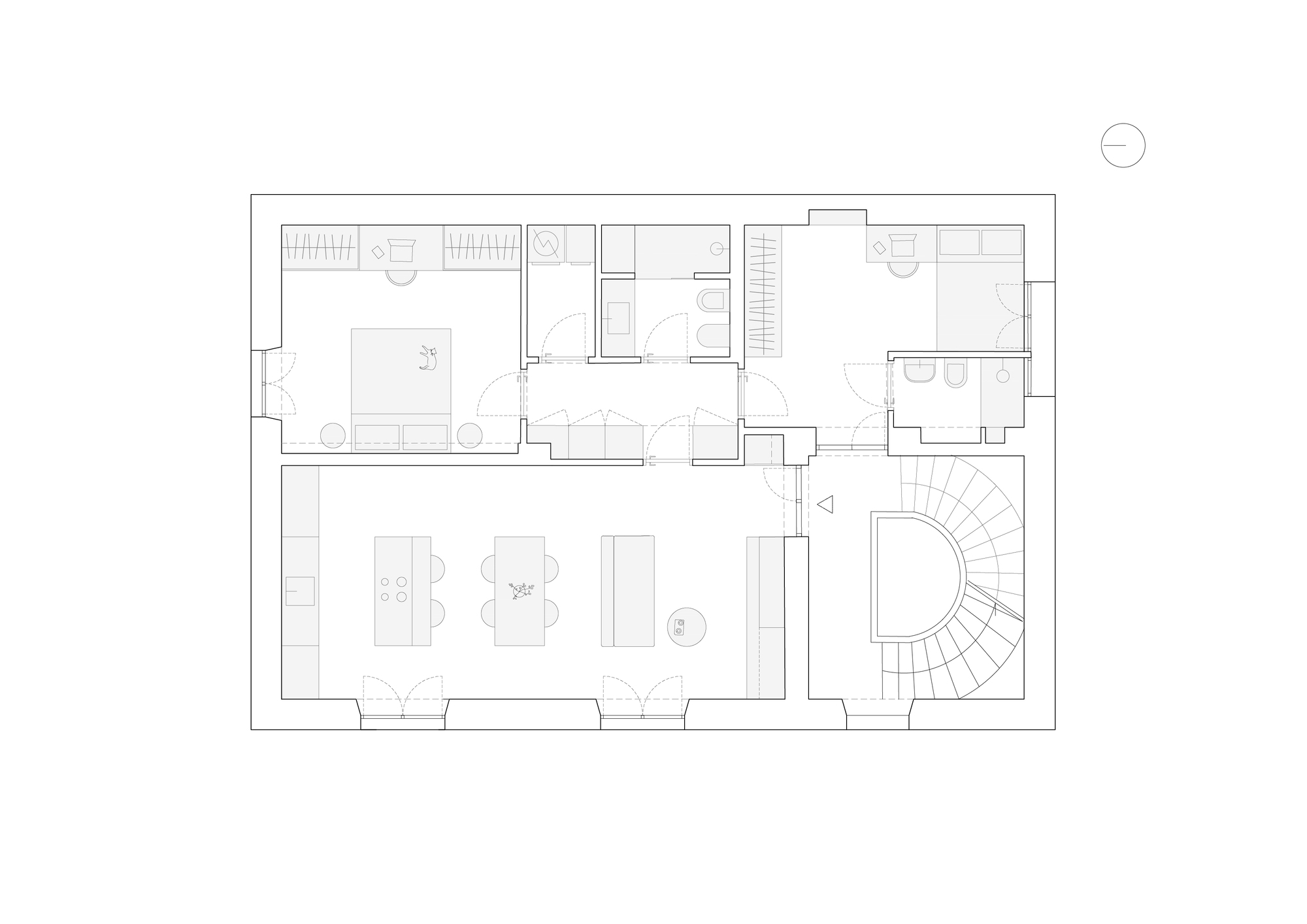 Floor plan drawing showing living space with curved stair, bedrooms and bathroom layout