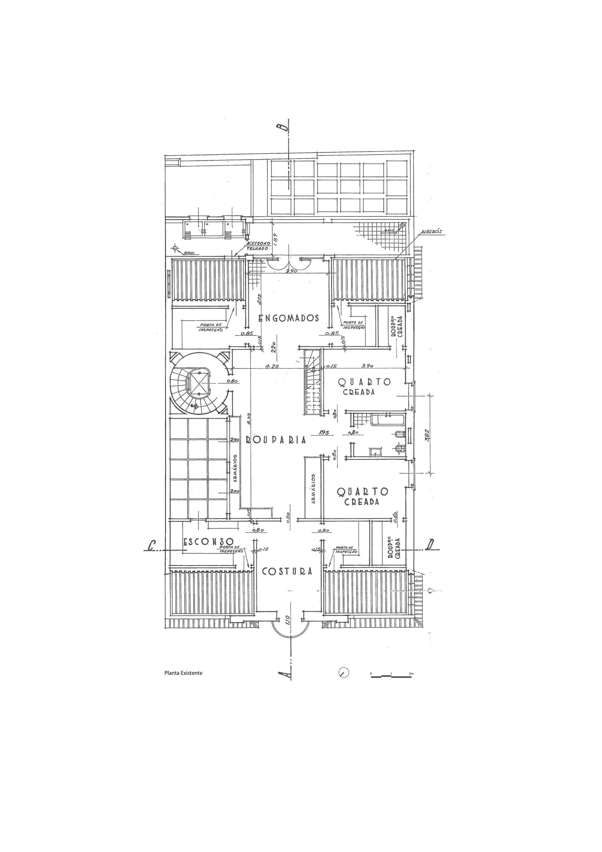 Floor plan drawing of the existing attic level, with labeled rooms, a round spiral stair and skylight grids