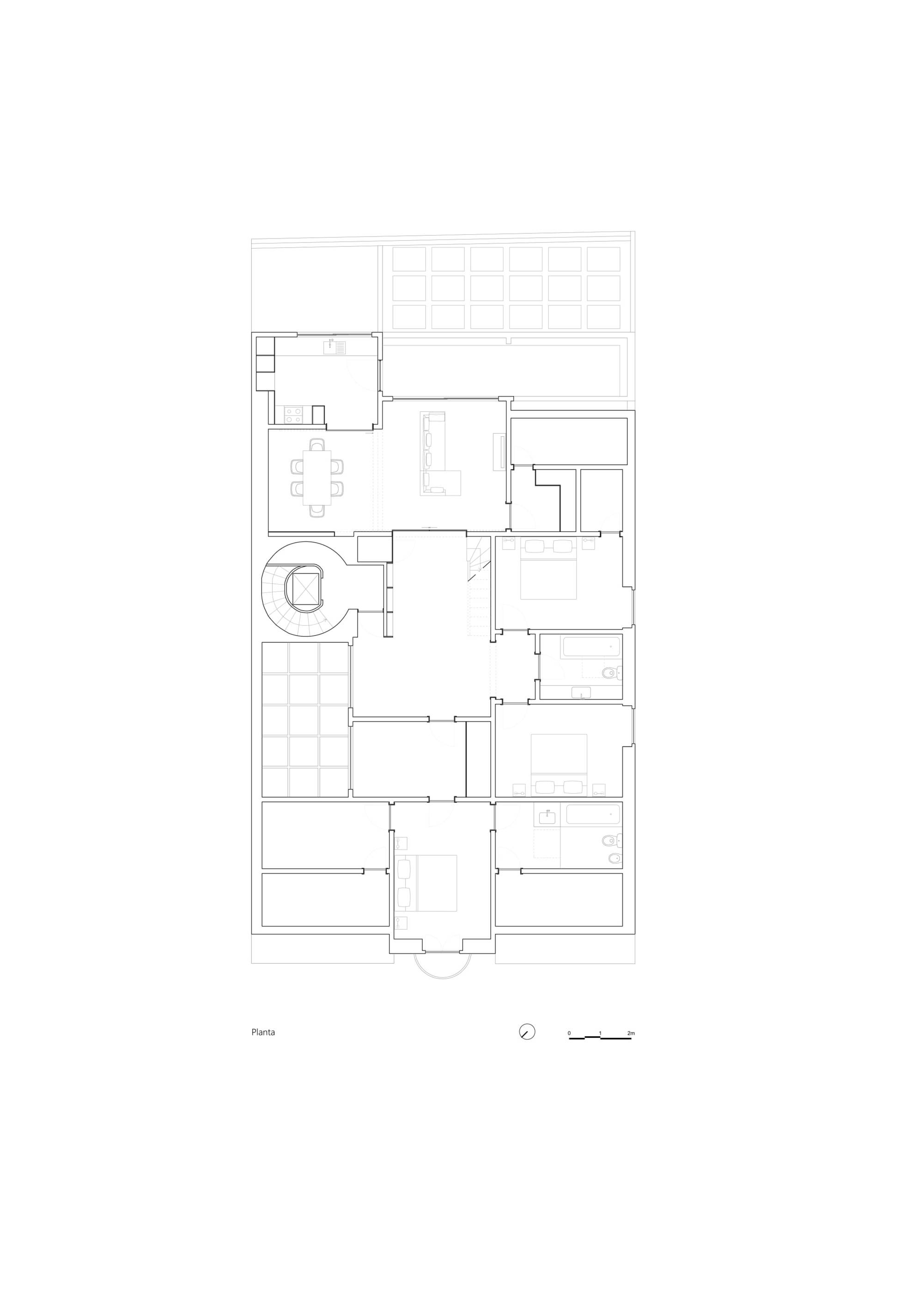 Floor plan drawing of the proposed layout, showing bedrooms, bathrooms, a kitchen and dining area around a central hall