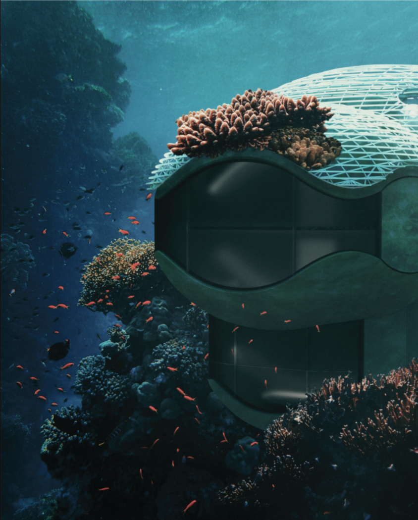 Underwater view of the curved pod structure with latticed roof colonized by coral and surrounded by tropical fish