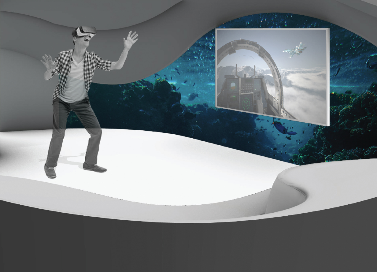 Interior space with person using virtual reality headset beside curved wall displaying underwater reef imagery