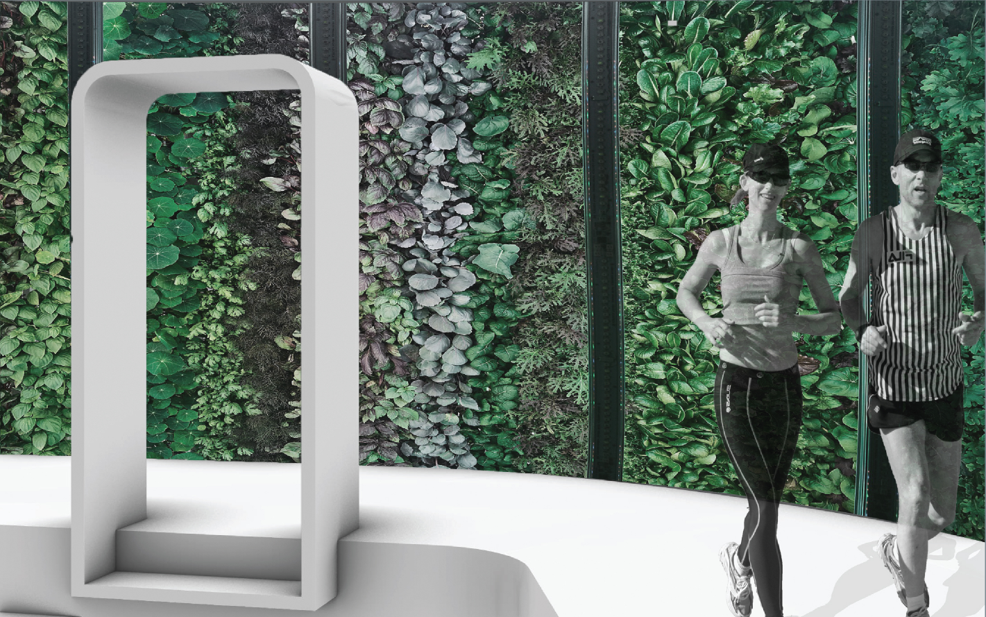 White portal frame against vertical garden wall panels filled with ferns and varied foliage beside two runners