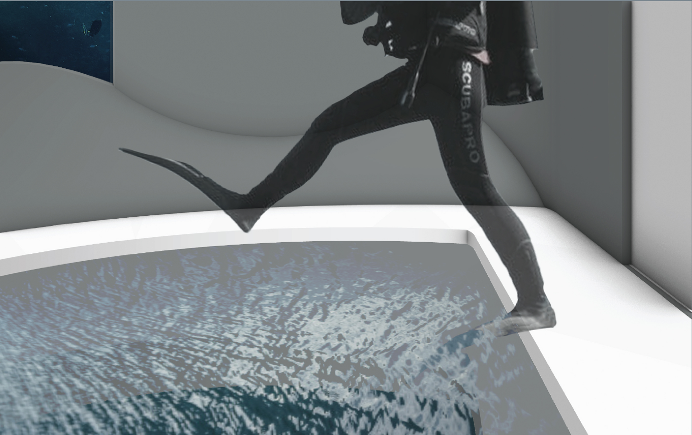 Close-up of person stepping onto glass floor panel revealing moving water patterns beneath their feet
