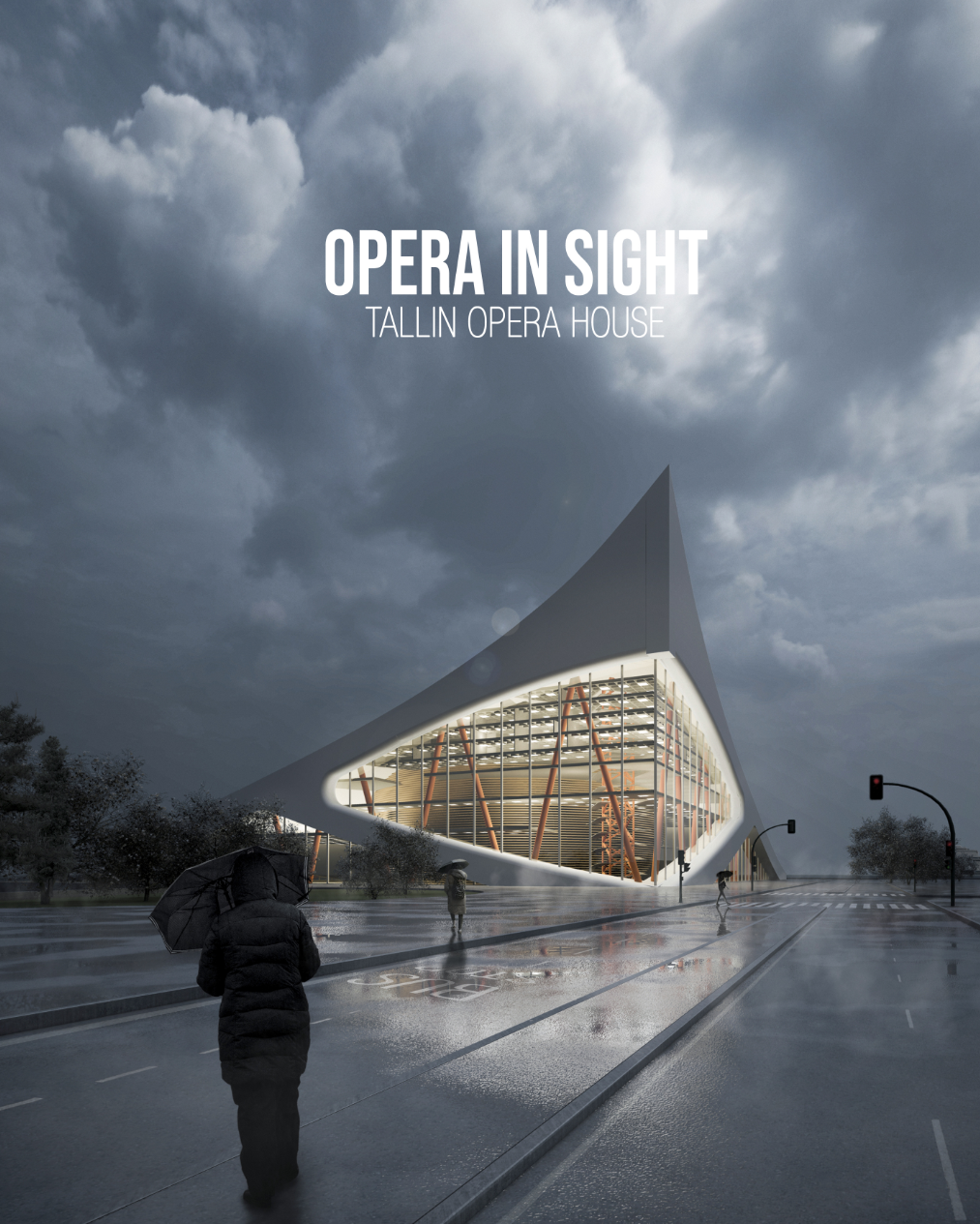 Street view of the angular white roof canopy and glass facade with pedestrians crossing in heavy rain