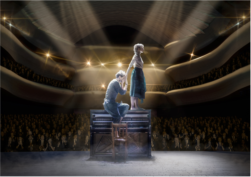 Interior view of the tiered balcony seating and vaulted ceiling with two performers on a piano