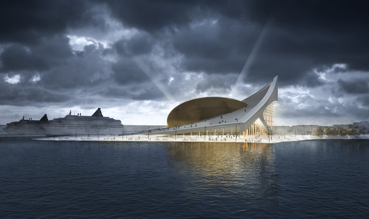 Waterfront elevation showing the curved white roof and glazed lobby beneath stormy clouds