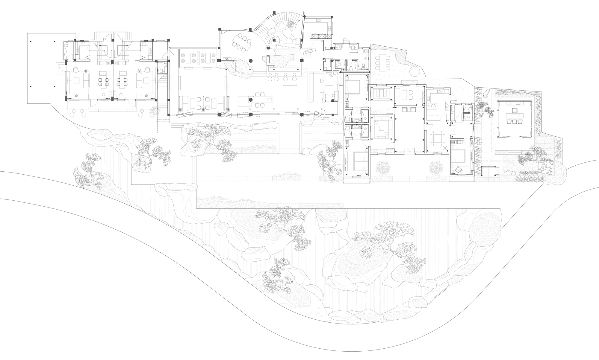 Floor plan drawing showing linear arrangement of rooms with courtyards and landscaped terraces on sloping site