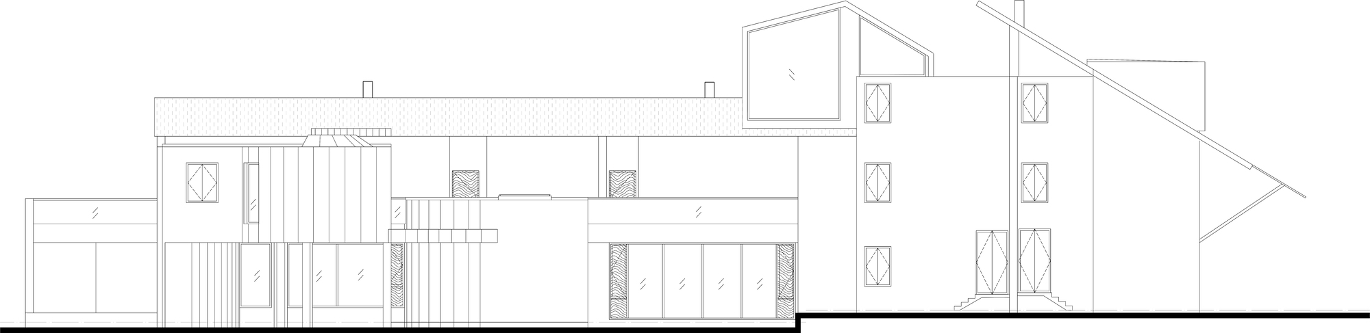 Elevation drawing showing single-story volumes with varied roof heights and vertical glazing patterns
