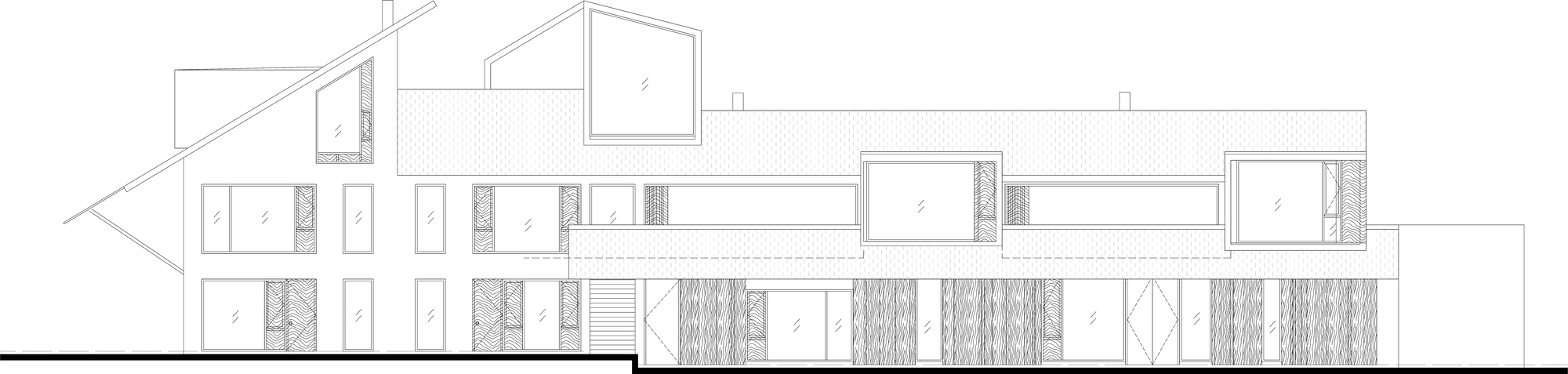 Elevation drawing showing a linear composition of pitched roofs and rectangular volumes with varied fenestration