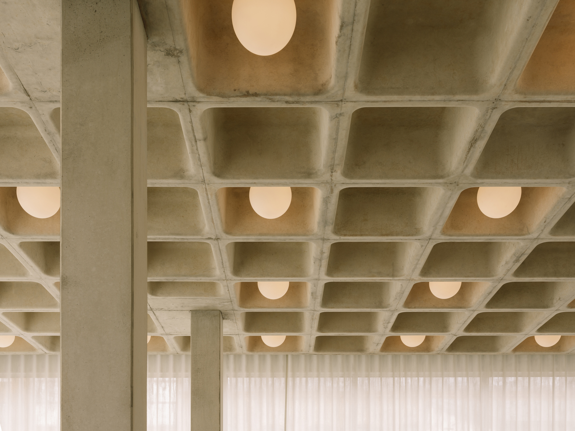 Concrete waffle slab ceiling with columns and spherical pendant lights above sheer curtain wall at dusk