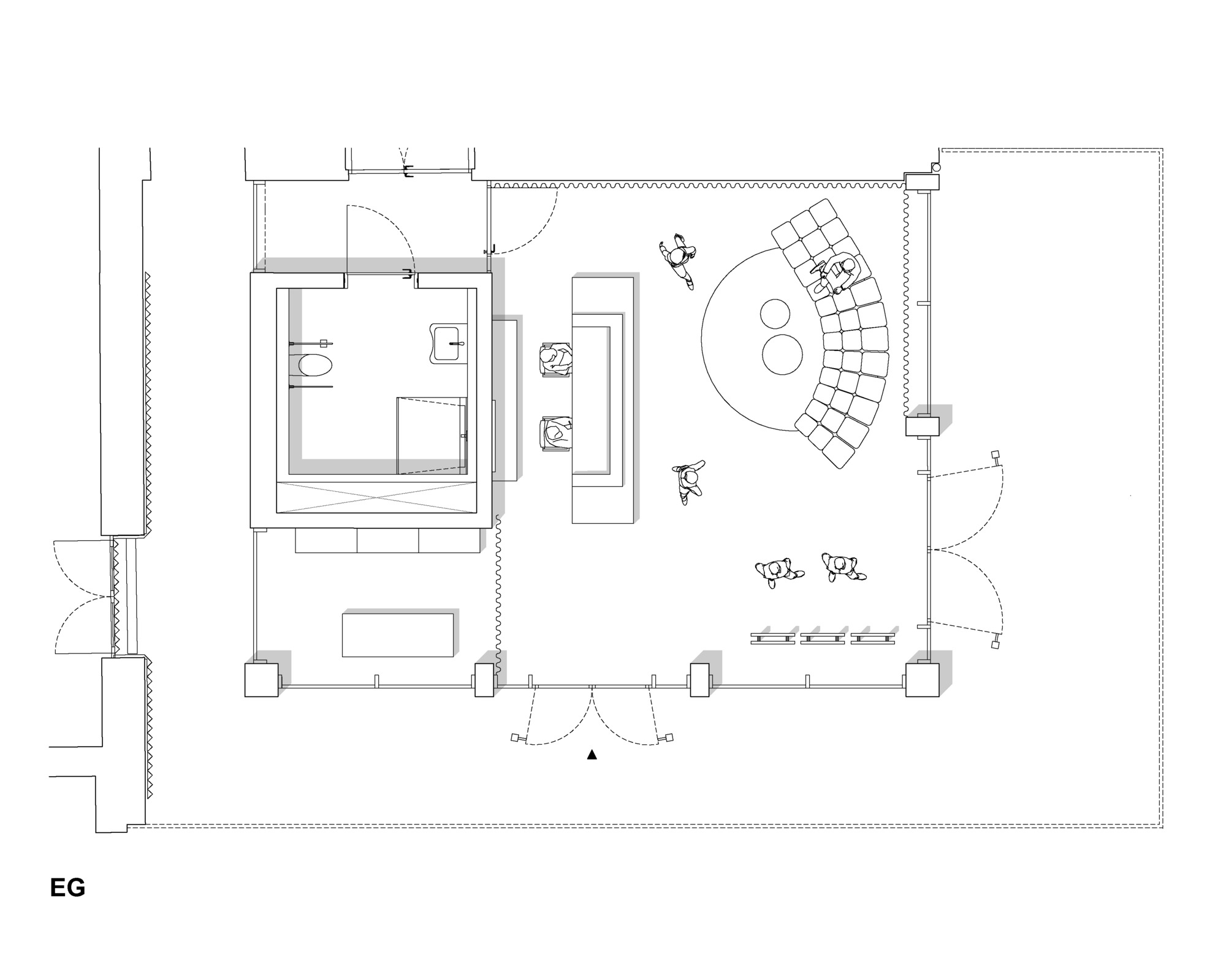 Floor plan drawing showing entry lobby with curved reception desk and adjacent WC block