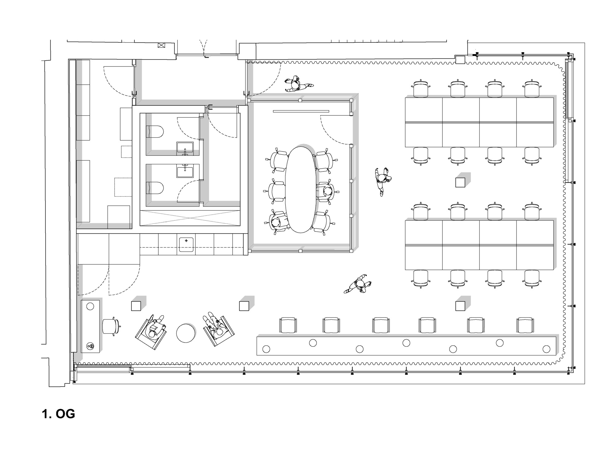 First floor plan drawing showing workstation clusters and meeting rooms beside service core with restrooms