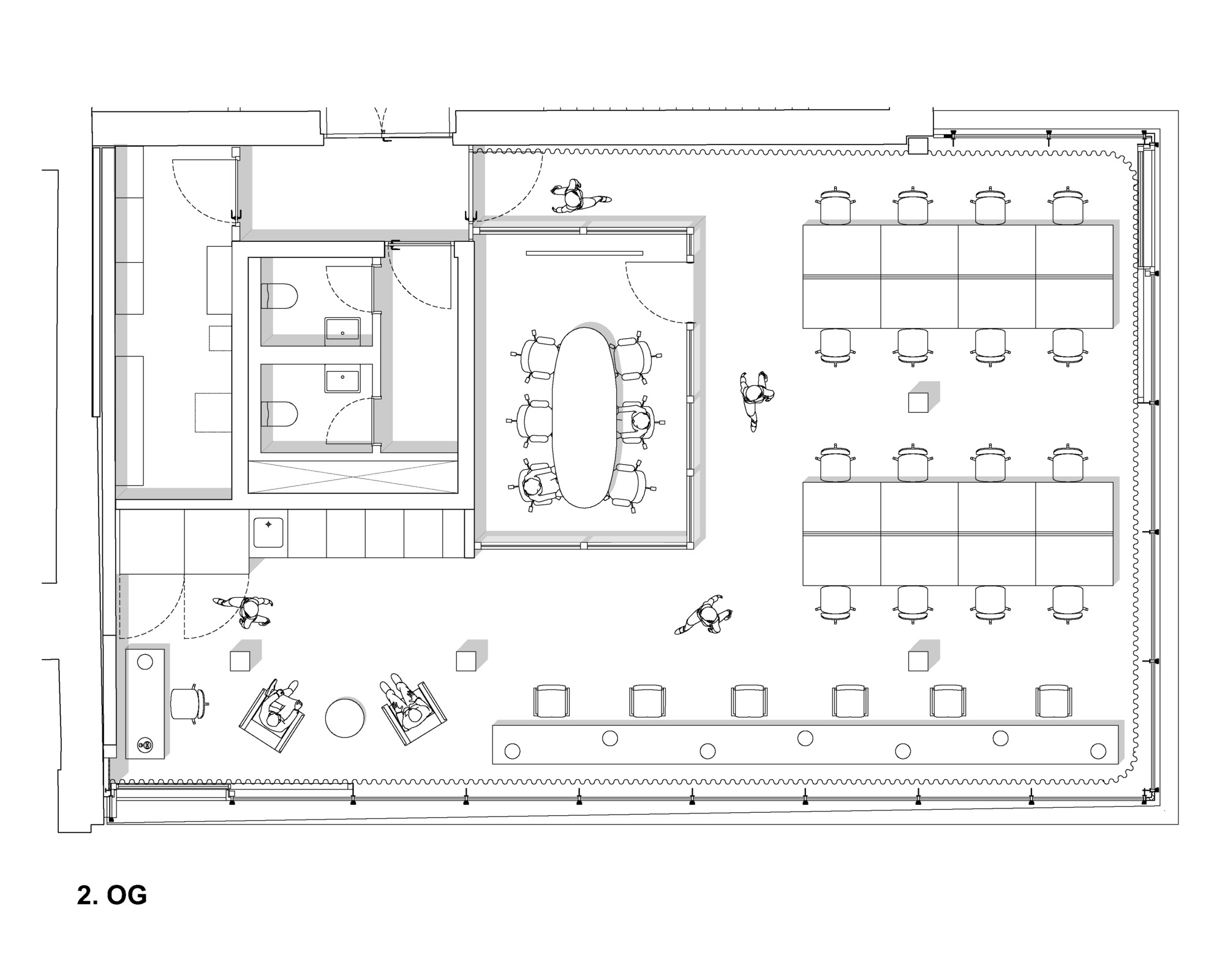 Second floor plan drawing showing open work areas with desks arranged around central circulation and support spaces