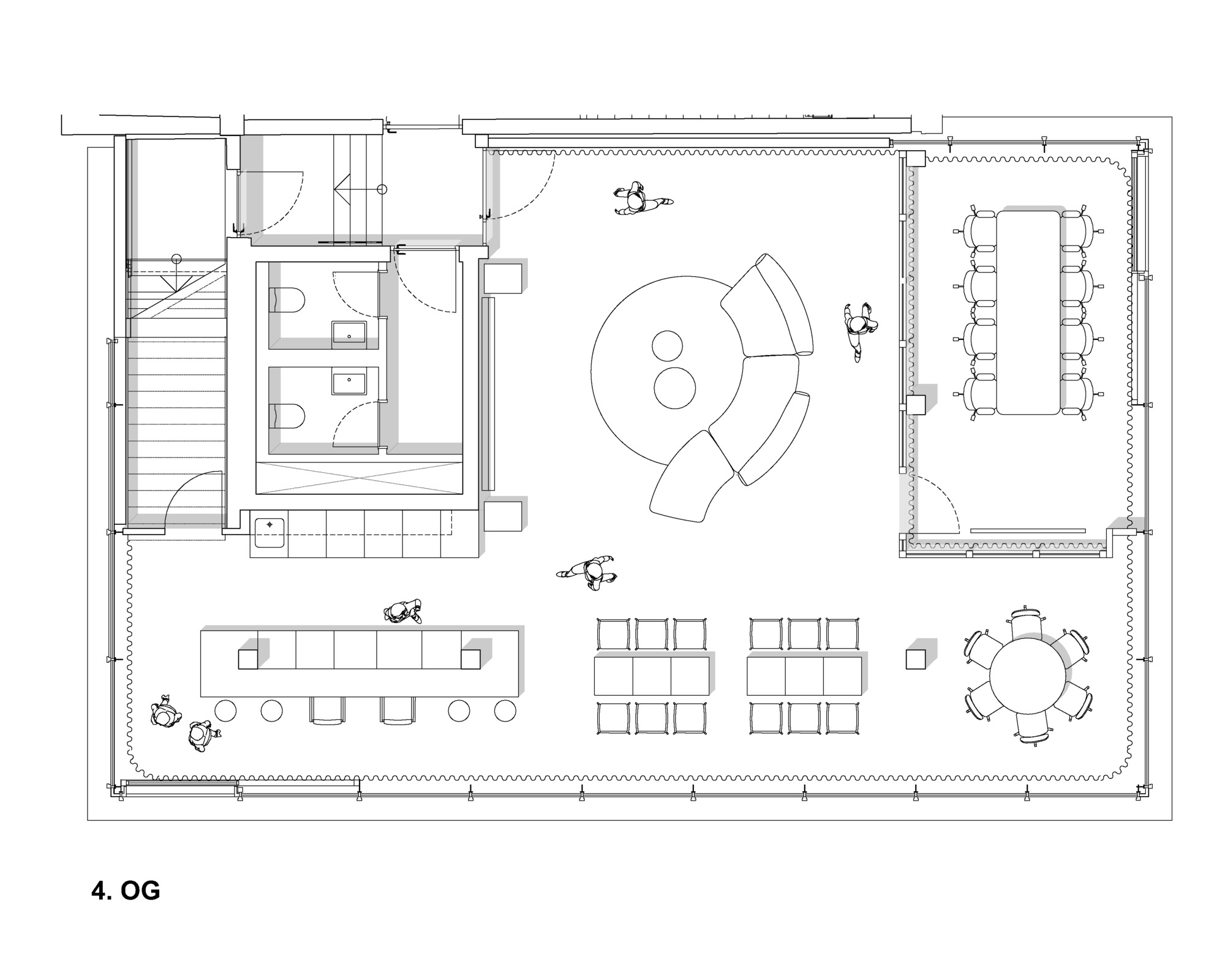 Floor plan drawing of an upper level showing open workspace with dining tables and a private office suite