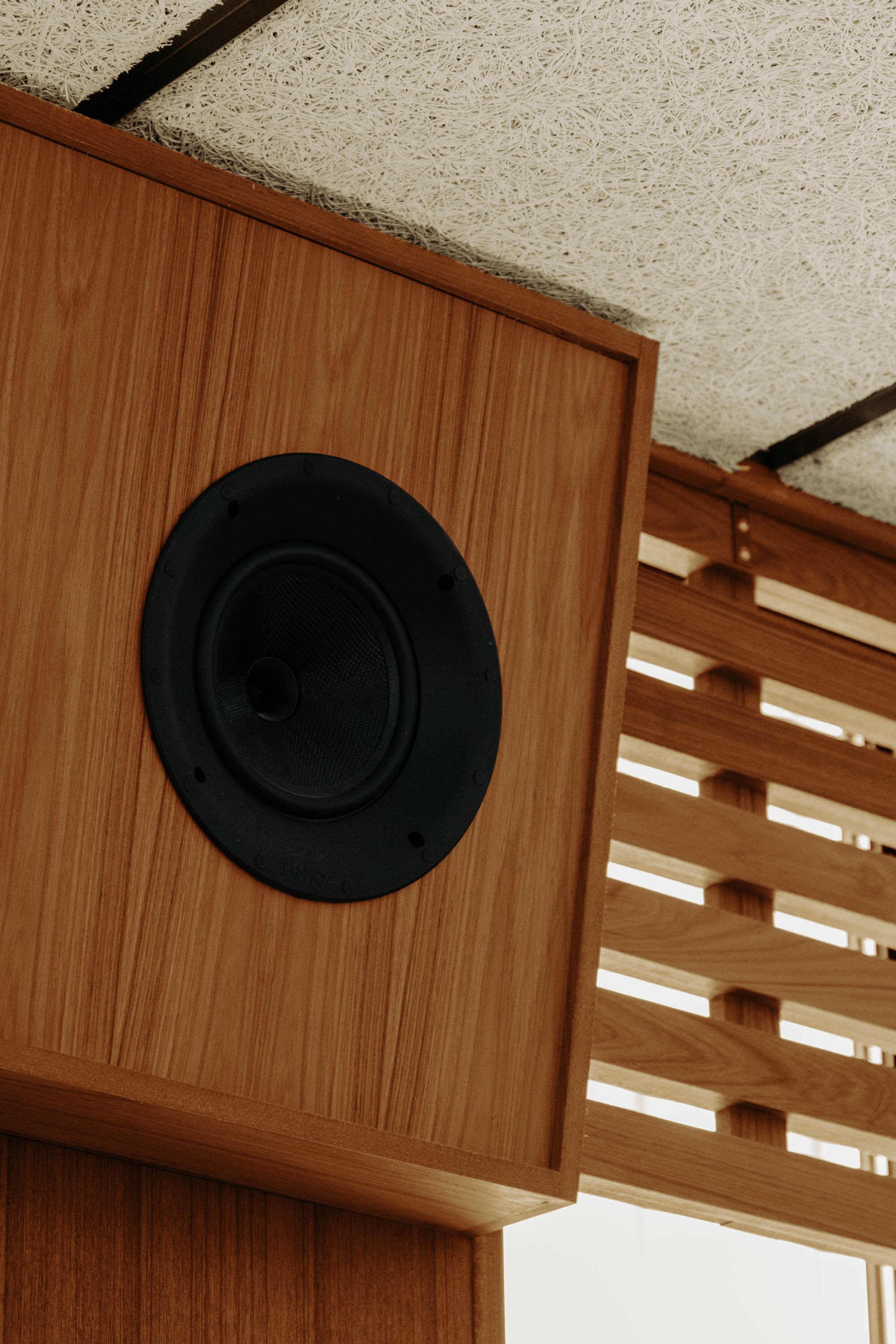 Wall-mounted speaker in timber casing with horizontal slat screen beneath textured ceiling panels
