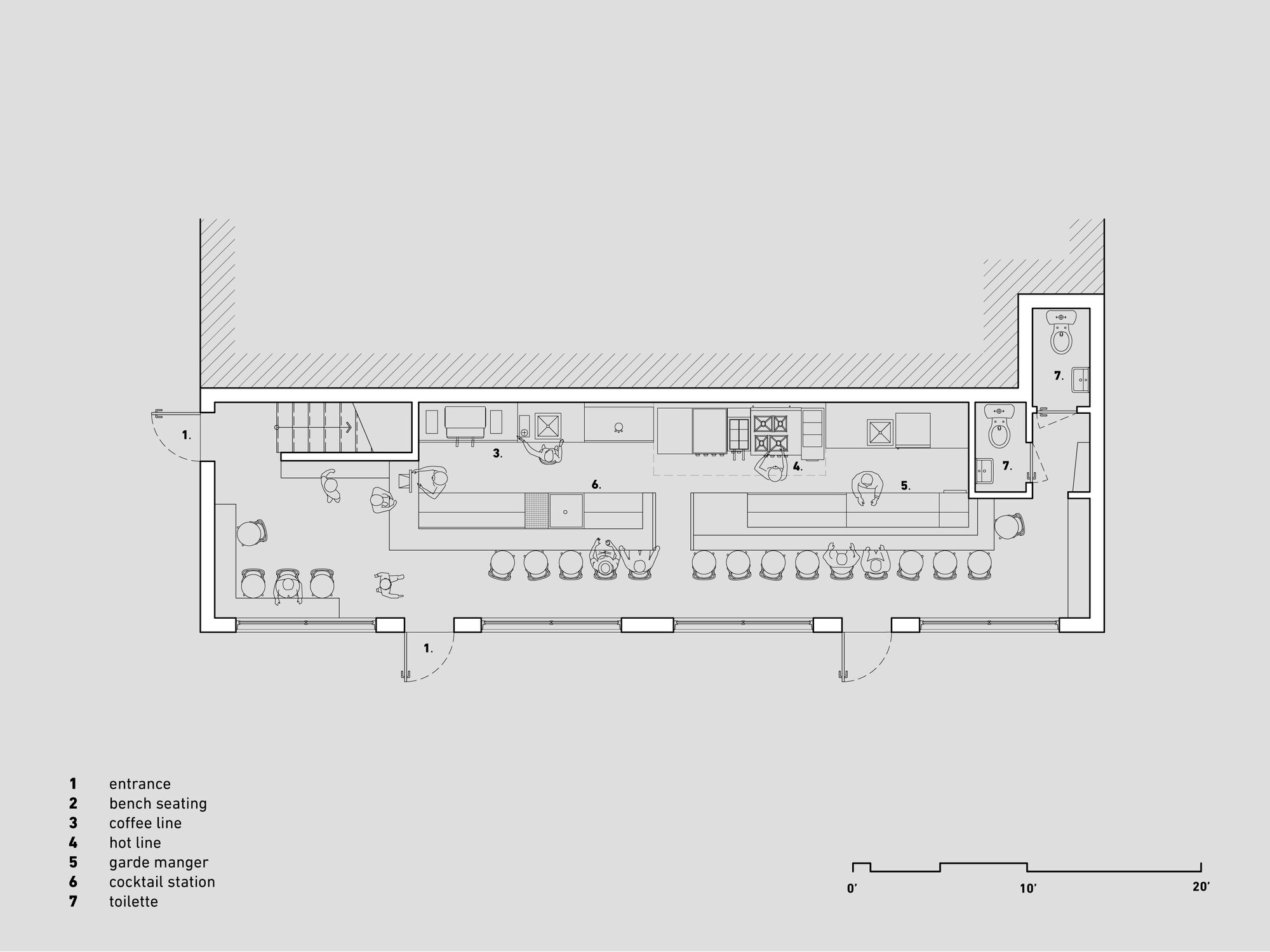 Floor plan drawing showing a linear bar layout with seating areas, service counters and restrooms