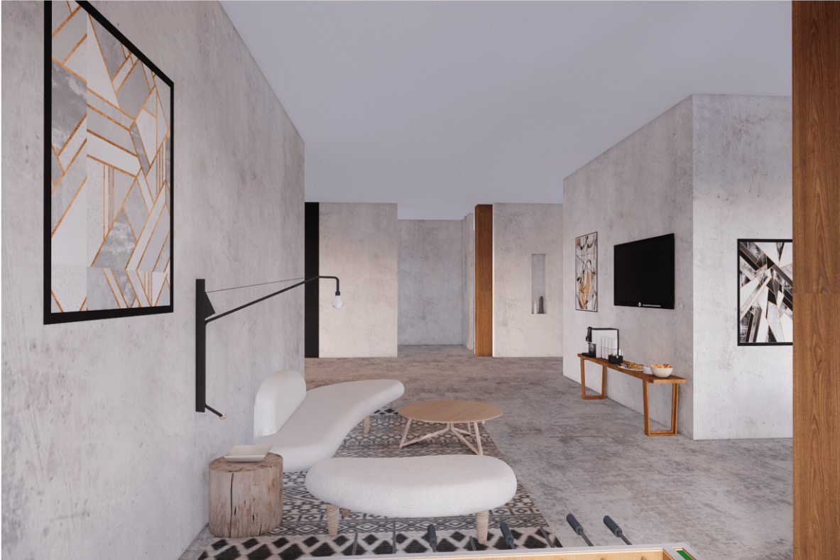 Soft furnishings and minimal partitions create a relaxed semi-private living environment.