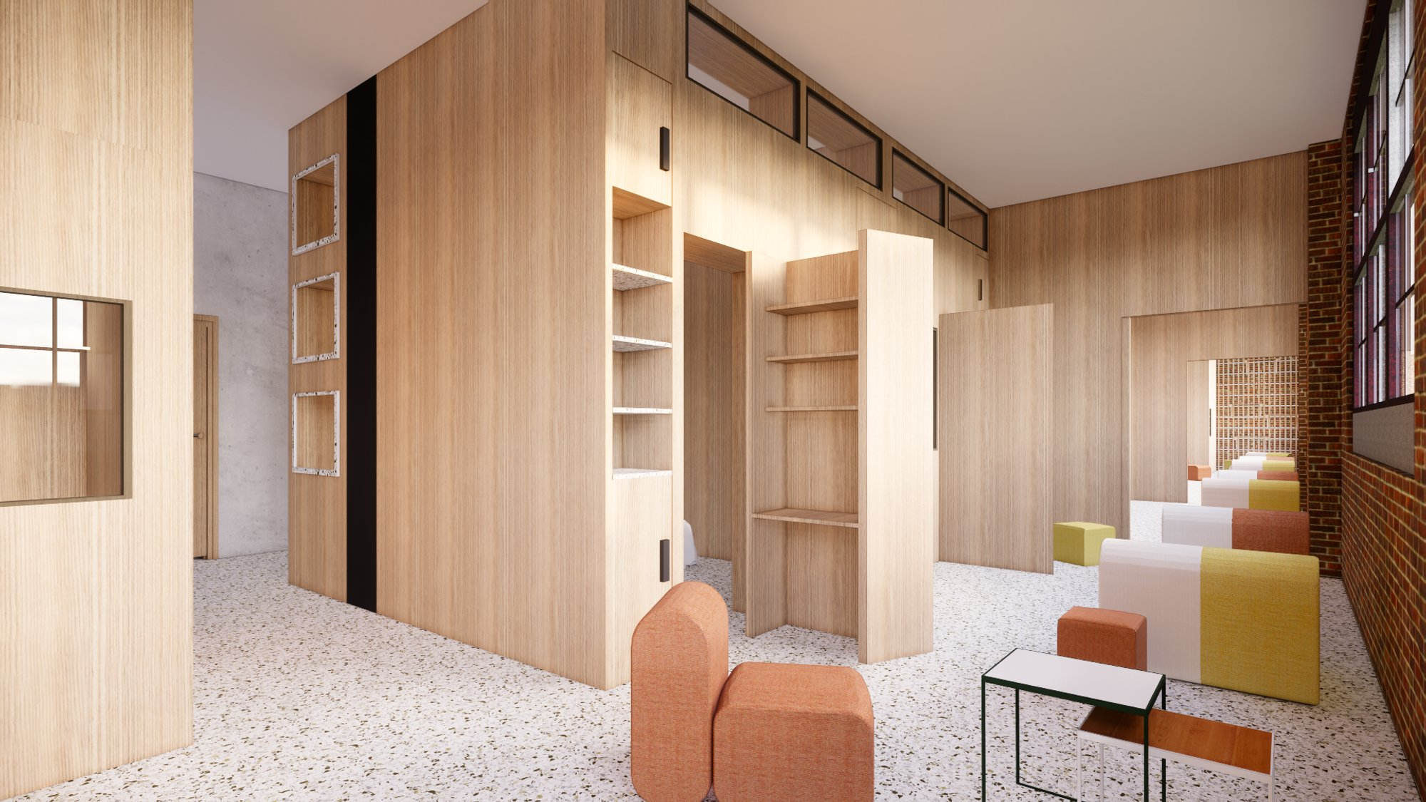 Compact private living unit integrates sleeping, storage, shelving, and bathroom functions within a refined spatial system.