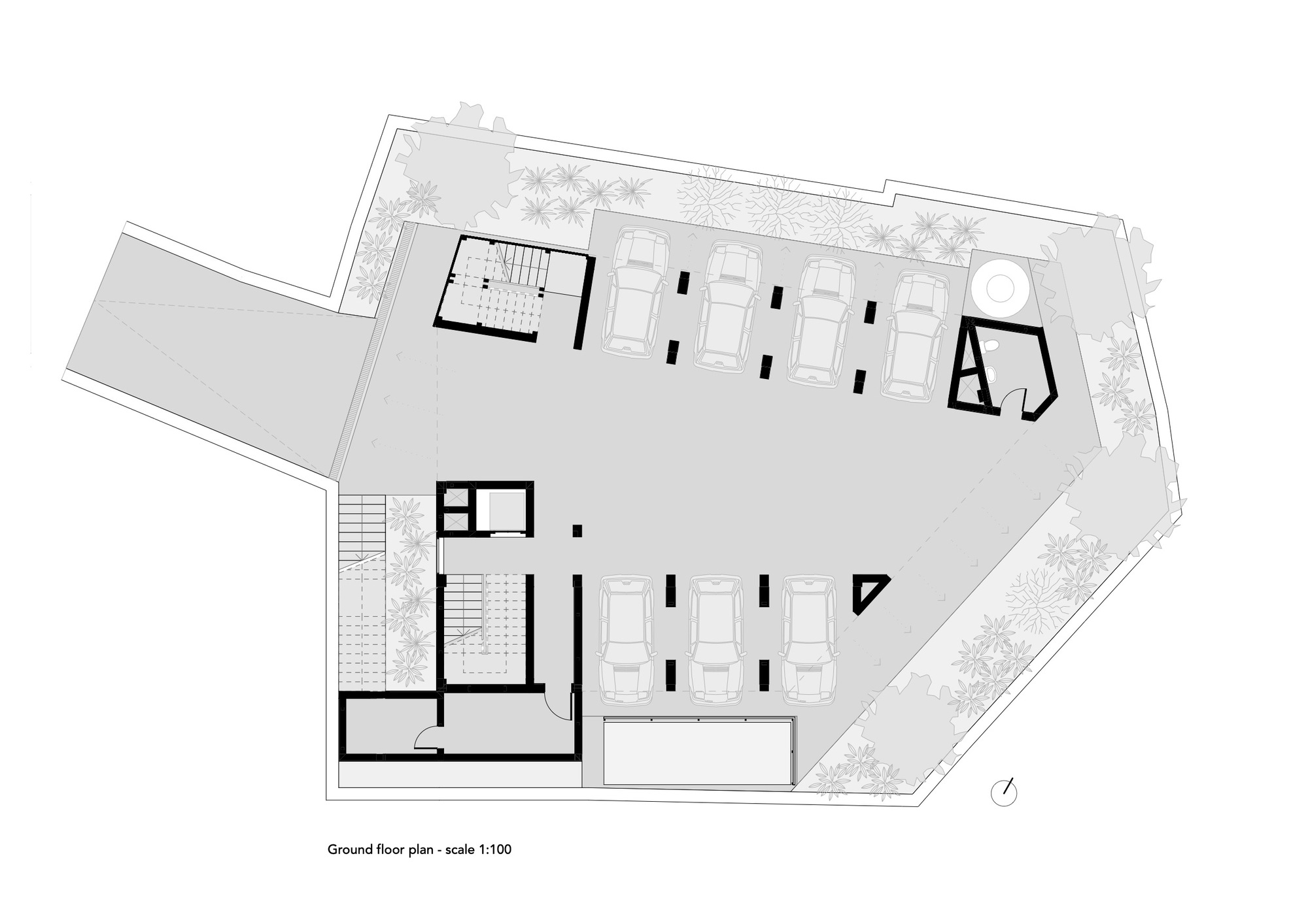Ground floor plan drawing showing parking spaces, stairs, and landscaped perimeter