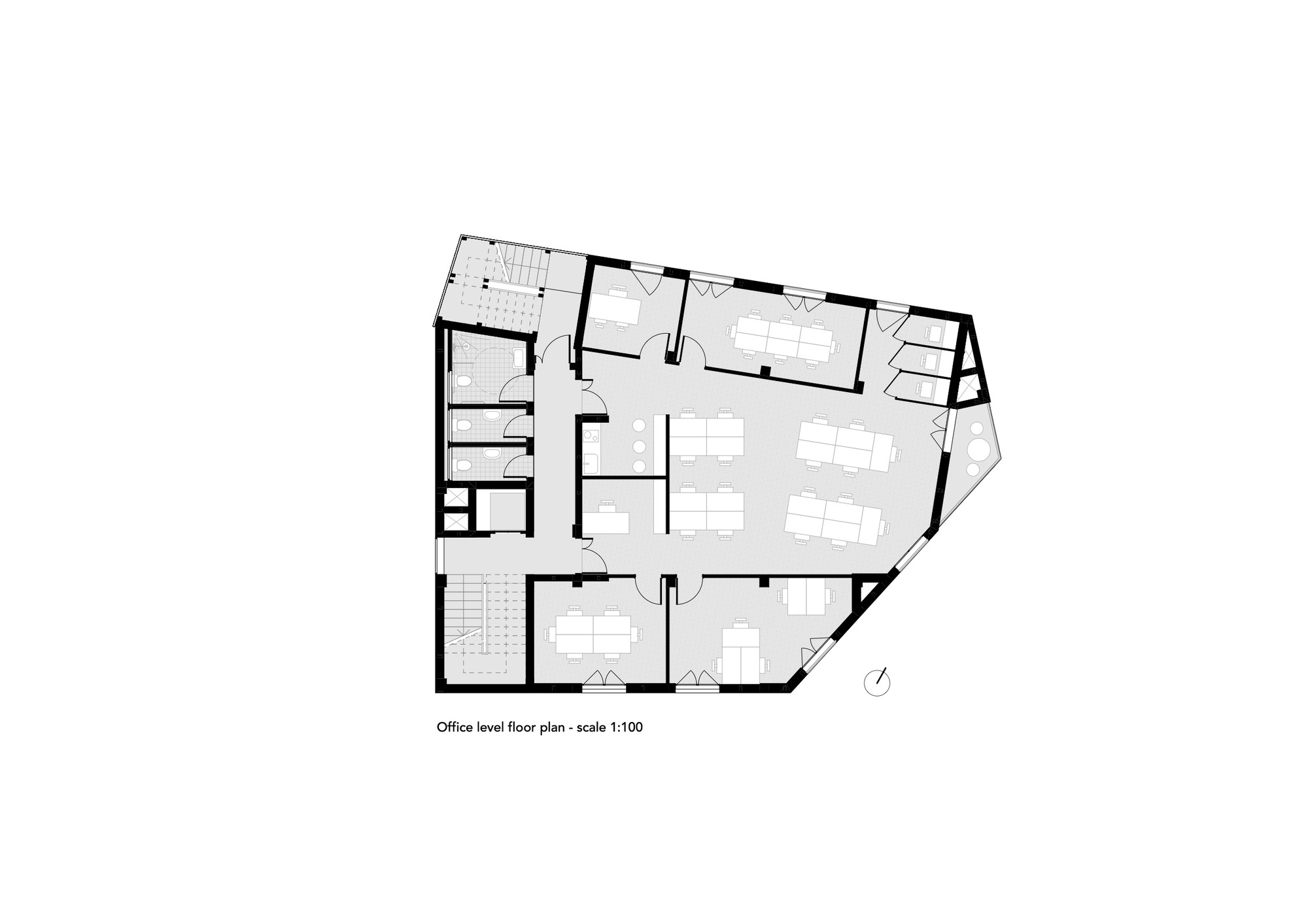 Office level floor plan drawing showing workspaces and meeting rooms around a central circulation