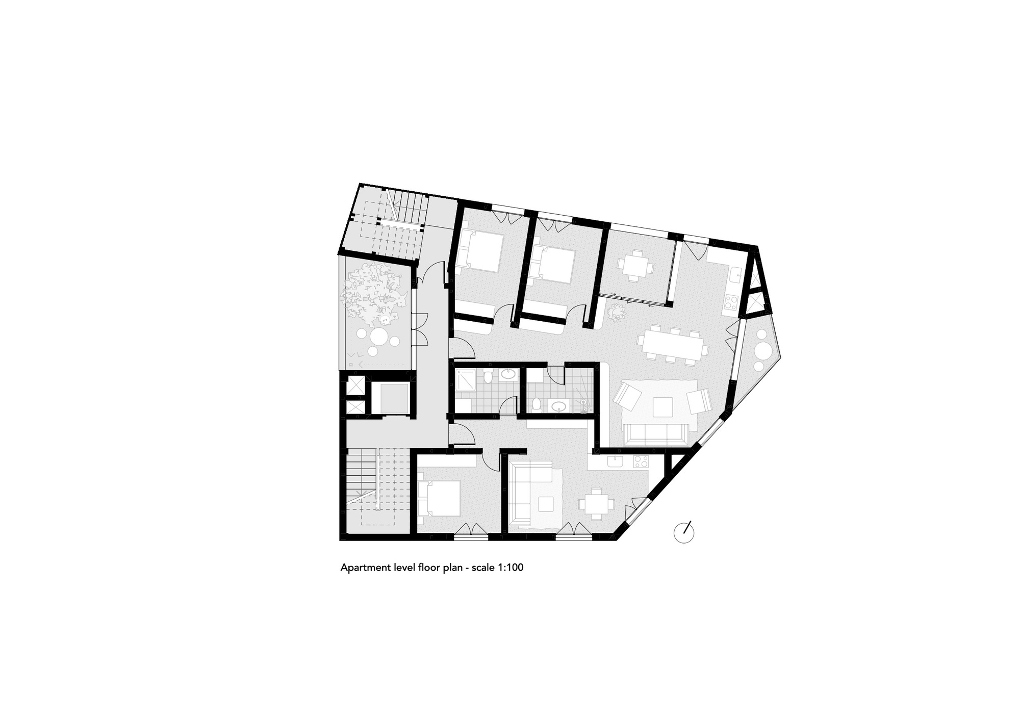 Apartment level floor plan drawing showing residential units with a planted terrace