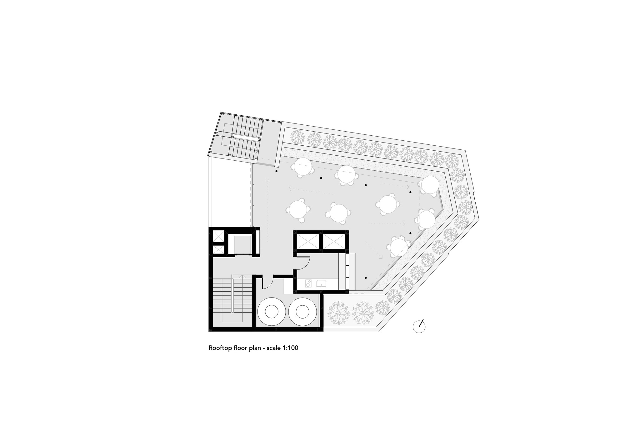 Rooftop floor plan drawing showing seating areas and planted borders along the perimeter