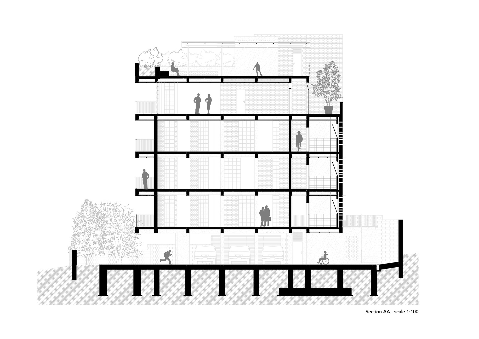 Section drawing showing a four-storey structure with figures on each level and a tree on the adjacent plot