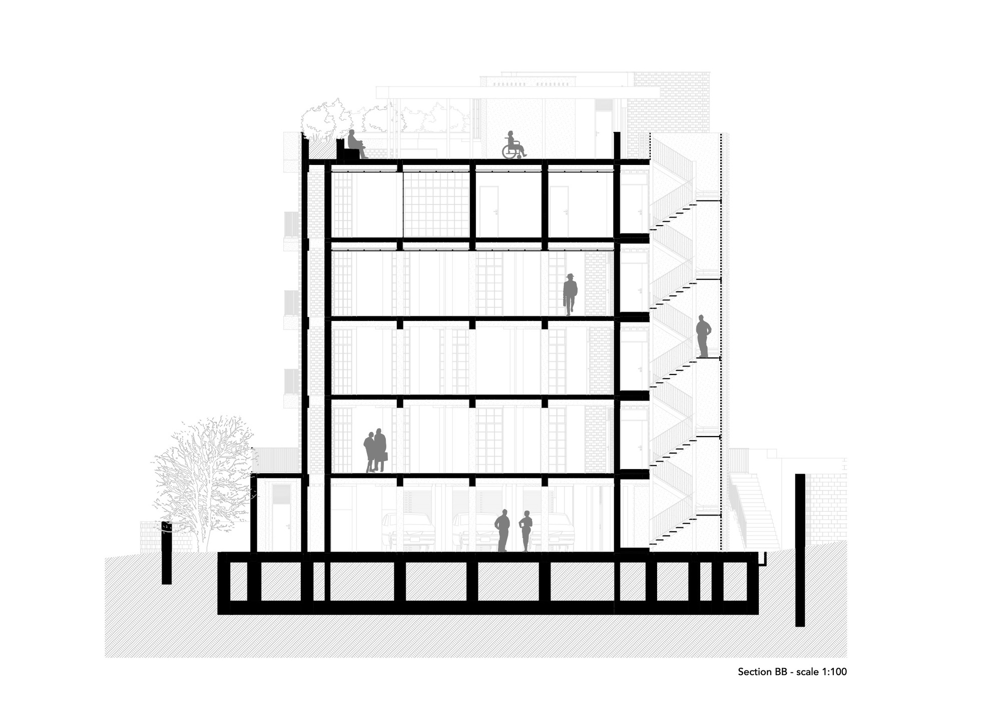 Section drawing revealing internal floors with an external staircase and figures positioned throughout the building
