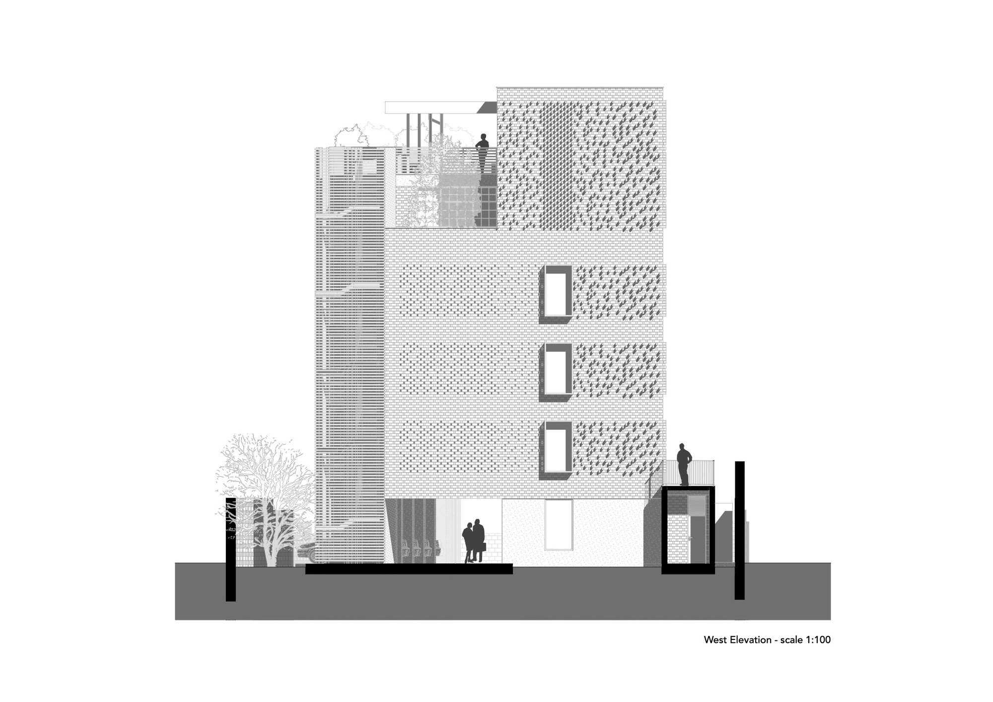 West elevation drawing depicting a multi-storey facade with perforated brickwork panels and three vertical windows