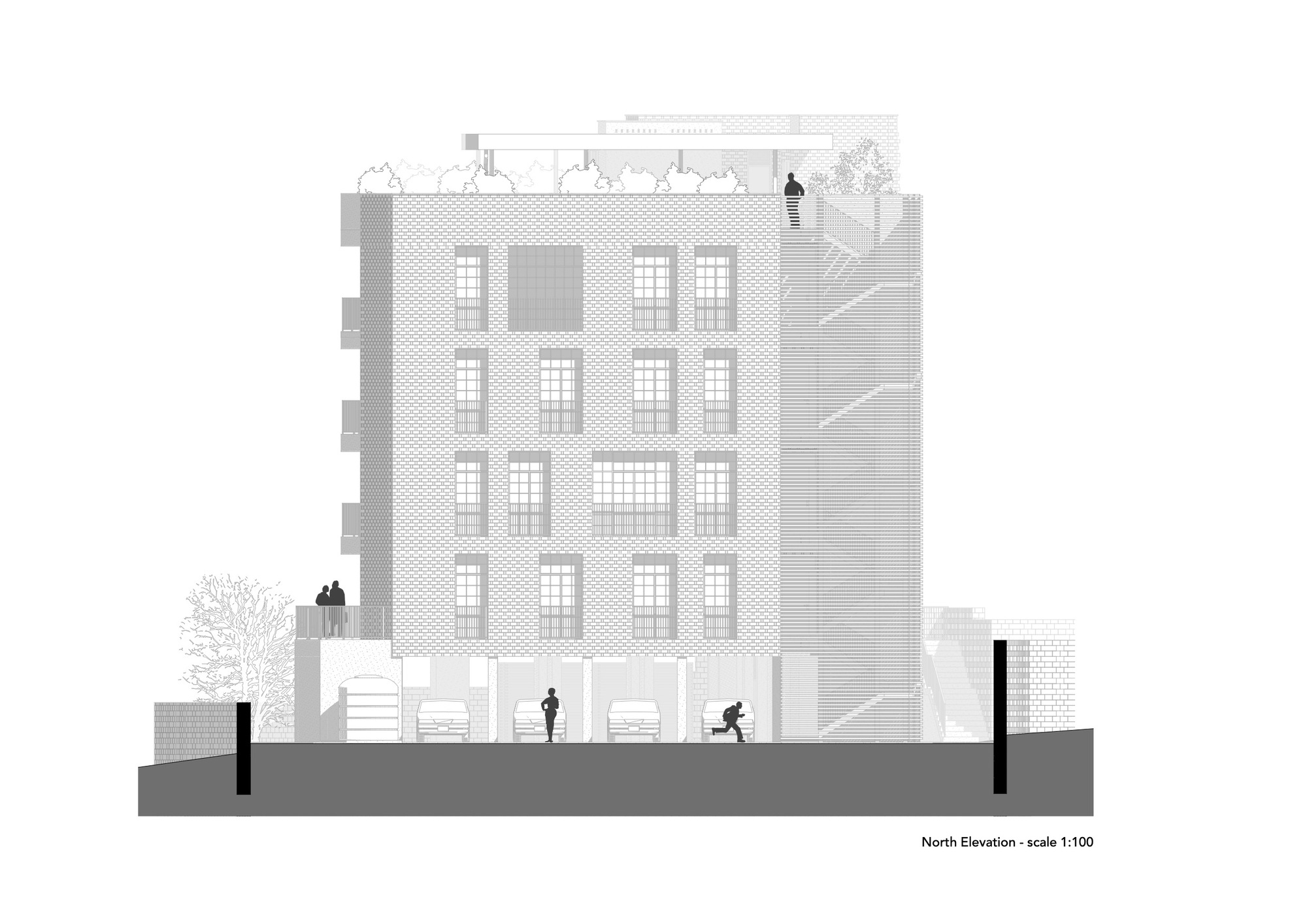 North elevation drawing showing a brick facade with punched windows and ground-level figures near a tree