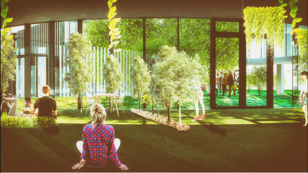 Greenery and natural light transform the interior into a peaceful restorative environment.