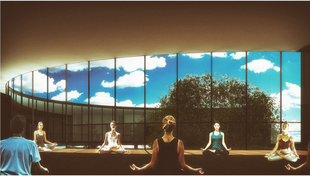 A curved meditation hall frames the sky and landscape through expansive glazing.